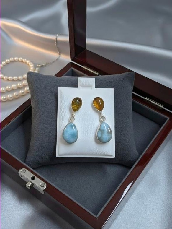 Aretes doble larimar-ámbar